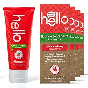 hello oral care ada approved fluoride kids toothpaste, vegan & sls free, natural wild strawberry flavor, 4 count