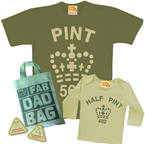 Matching Pint & Half Pint T shirt Set for Father & Son or Daughter - Army Toffee - with Fab Dad Goody Bag and extra dad treats. (Half Pint 12-24 months, Army/Toffee Pint Small)