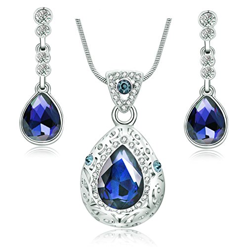 Majesto Juego de Joyas - Conjunto Colgante de Collar en Forma de lágrima Azul y Pendientes para Mujer Adolescente niña pequeña mamá - Accesorio de joyería de Regalo Premium 18ct Chapado en Oro