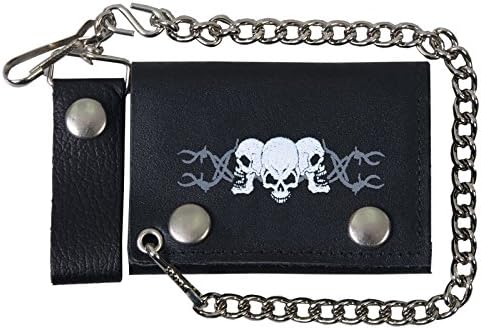 Bifold and Trifold Biker Wallets Leather with strong chains, Color:Trio Skull 4 Inches;Size:4