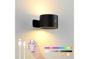 Lampop Up Down Wall Lamp Battery Operated Wall Light, 16 RGB Rechargeable Sconce with Remote & Touch Control, Wireless Reading Light, 360° Rotation Magnetic Wall Light for Living Room Bedroom (Black)