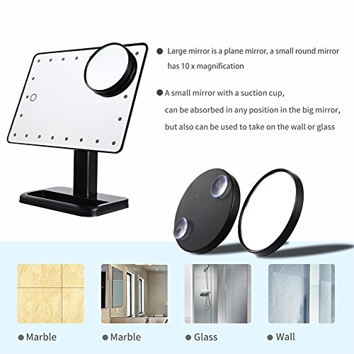 TFCFL Touchscreen LED Make-up Spiegel mit Lichter, 22 LED beleuchtete Vanity Kosmetik Spiegel mit abnehmbaren 10x Vergrößerungsspiegel für Tischplatte, Badezimmer, Schlafzimmer, Reisen, Rasieren, Schwarz - 7