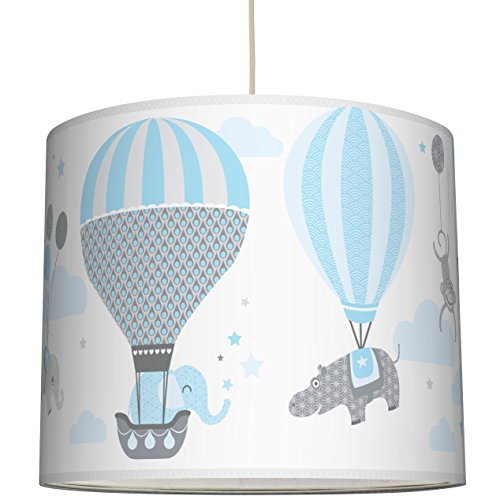 anna wand Lampenschirm HOT AIR BALLOONS HELLBLAU/GRAU – Schirm für Kinder / Baby Lampe mit Tieren in Heißluftballons versch. Farben – Sanftes Licht für Tisch-, Steh- & Hängelampe im Kinderzimmer Mädchen & Junge