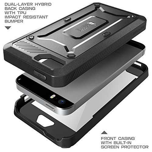 iPhone 5S Case, SUPCASE [Heavy Duty Belt Clip Holster] Apple iPhone 5S Case Compatible with iPhone 5 [Unicorn Beetle PRO Series] Full-body Rugged Hybrid Protective Cover with Built-in Screen Protector, Dual Layer Design + Impact Resistant Bumper (Black/Black)