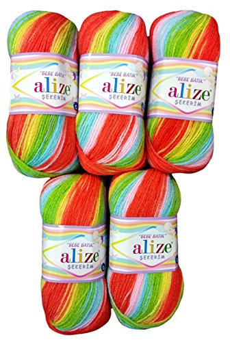 5 x 100g Babywolle Bebe Batik orange rosa blau grün gelb Nr. 4400, 500 Gramm Wolle zum Stricken und Häkeln