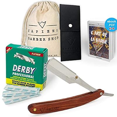 Sapiens Rasoir à Barbe Traditionnel par Sapiens - 1 An De Rasage - Coupe Choux de Barbier avec Manche en Bois pour Barbe & Moustache + 100 Lames Simples Derby Professional - Kit Rasage Homme avec Ebook