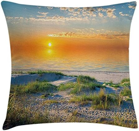 Landscape Throw Pillow Cushion Cover, Sunset Rise Morning Afternoon Calming Seashore Ocean Beach Nature, Decorative Square Accent Pillow Case, 18X18 Inches, Marigold Green Light Blue