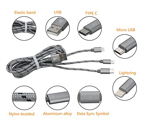 EliteSoft Nylon Ladekabel Micro-USB Lightning Kabel High Speed 4.9ft 3 in 1. Apple iPhone7, 6, 5 ,4 und Android Smartphones, Samsung, HTC, Sony, Nexus und mehr ertragung Aluminium 2 Kabel - 6