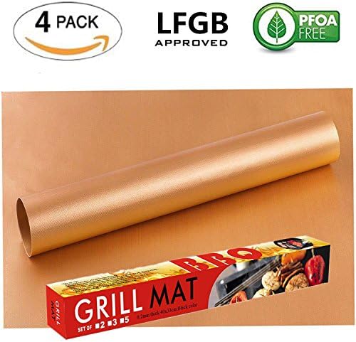 BBQ Grill Mat Set of 5, Non Stick Oven Liner Teflon Barbecue Cooking Mats, Perfect for Baking on Gas, Charcoal, Oven and Electric Grills - Reusable, Durable, Heat Resistant Barbecue Sheets For Grilling Meat, Veggies, Seafood with Oil Brush - FDA Certified (Gold)