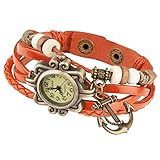 Taffstyle Damen-Armbanduhr Retro Vintage Geflochten Leder-Armband mit Charms Anhänger Analog Quarz Uhr Anker Gold Orange