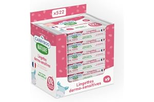 Carryboo lingettes bébé fleur de coton, lot de 9 paquets (522 lingettes) 99% naturelles, sans parfum, sans alcool, sans allergènes, fibres 100% d’origine naturelle et sans plastique