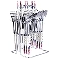 MGeezz Stainless Steel Spoons, Forks & Knives Set of 24 with Stand and Ceramic Handle (Floral Pink)