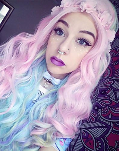 Musegetes Unique Colorful Body Wave Synthetic Lace Front Wigs Heat Resistant For Women (Pastel Pink Rainbow)