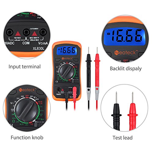 Neoteck Mini Digital Multimeter Digitaler Multimeter mit Manuellem Bereich Messinstrument Voltmeter Ammeter Ohmmeter AC DC Spannung DC Strom Widerstand Transistor Buzzer mit LCD - 5