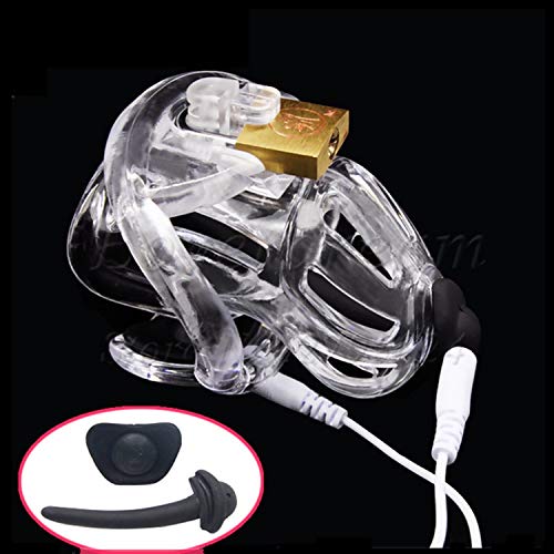 Electric Shock Male Chastity Cage De-vice Lock with 4 P-énis Ring Privacy Electro Funny Toys for Men,Large Ran,no Conductive De-vice