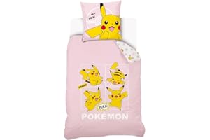 SAHINLER CRÉATEUR D'UNIVERS Housse De Couette Pikachu Pokémon 140x200 cm + 1 Taie d'oreiller 63x63 cm - 100% Coton - Rose Pale