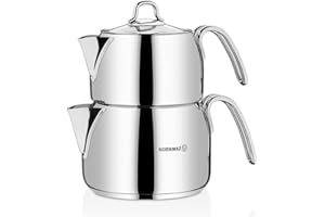 Korkmaz A029 Perla - Juego de tetera turca para estufa, doble tetera de acero inoxidable 18/10 con asas resistentes al calor, hervidor de té estilo Samovar y tetera con 62 onzas (1800 ml) y 108 onzas