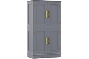COSTWAY Bathroom Floor Cabinet, 110cm Freestanding Storage Cupboard with 4 Doors and 2 Adjustable Shelves, Wooden Bathroom Unit Side Cabinet Sideboard for Living Room Hallway Kitchen (Grey)