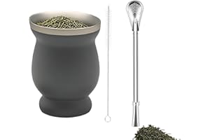 LJYING Stainless Steel Yerba Mate Cup 8oz - Double-Wall Gourd Design with Straw Spoon & Cleaning Brush, Yerba Mate Set for Mate Tea and Coffee (Gray)