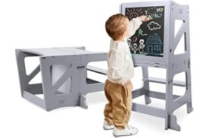 YOLEO Tour d'apprentissage 3 en 1, Pliable, Tour d'observation pour Enfants Montessori Learning Bois Naturel Kitchen Helper avec Tableau Noir et Blanc,Table et Chaise pour Enfant (Gris)