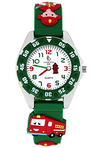 Crystal blue Kinder-Armbanduhr Feuerwehr Auto Cars Jungen Mdchen Lernuhr Analog Quarz grn 214491