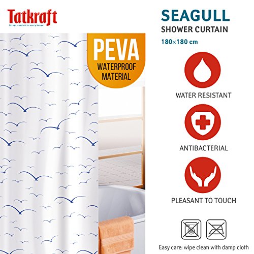 Tatkraft Seagulls Duschvorhang 180X180cm Peva Wasserdicht Schimmelfrei mit 12 Duschringen - 4