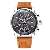 Gskj Herrenuhr Quartz Uhr Mode wasserdicht Militär- Chronograph Lederriemen Outdoor-Sportarten Multifunktion Uhr ansehen,E