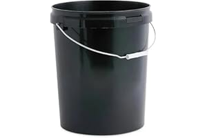 POWERCHEM 25L Plastic Bucket Pail + Handle & Lid - Heavy Duty ¦ Food Grade BPA Free ¦ Multi-use Fermentation Feed Dry Food Liquid Chemicals Hydroponics Storage Container BLACK