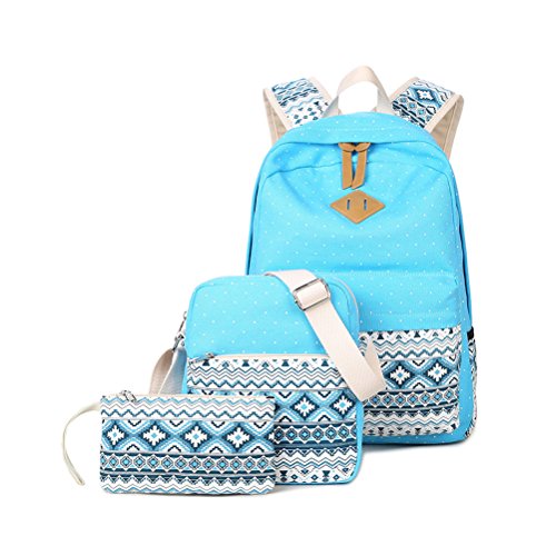 Preisvergleich Produktbild 3 Teile Set Schulrucksack Mädchen / Damen, Rucksack Schule / Schulranzen + Schultertasche / Messenger Bag + Mäppchen / Purse-Typ B Himmelblau