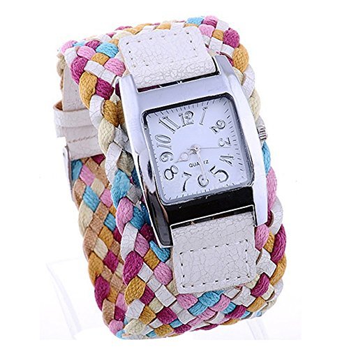 Bunte sige Uhr Dame Mdchen Armbanduhr mit geflochtenem Band Geschenk Wei