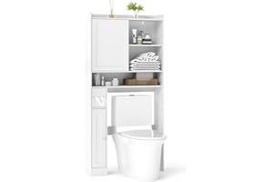 COSTWAY Over Toilet Storage Unit, Freestanding Bathroom Space Saver with Sliding Door, Toilet Paper Holder and Adjustable Shelves, Wooden Over The Toilet Cabinet Rack Organizer for Small Space, White