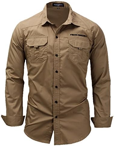 Kuson Men's Fashion Long Sleeve Slim Fit Dress Shirt Casual Solid Color Shirt Kahki XL