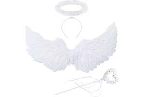 YeahBoom Engelsflügel Weiß,60CM Engel Kostüm Damen mit Heiligenschein und Zauberstab,Engel Flügel,Weiße Flügel Mädchen,Engelsflügel Deko,Federflügel Engel