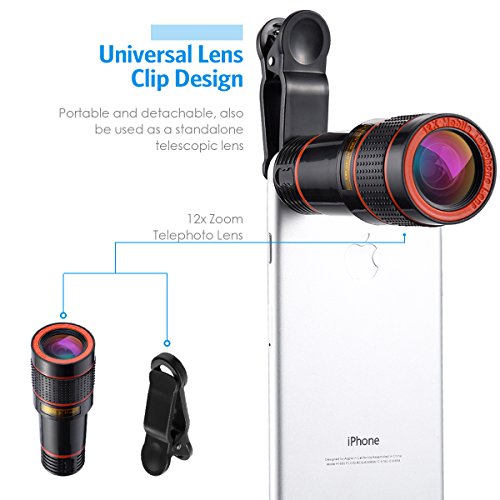 Criacr Lenti Smartphone 4 in 1,198 Lente Fisheye + 0,63x Lenti Grandangolo + 12x Obiettivo Teleobiettivo Zoom + 15x Obiettivo Macro con Supporto per iPhone, Samsung Galaxy, ecc