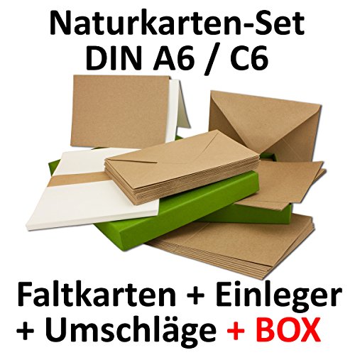 Kraftpapier-Karten inklusive Briefumschläge & Einlegeblätter mit Geschenkschachtel! | 50er-Set | Blanko Recycling Einladungskarten in Braun | bedruckbare Post-Karten in DIN A6 | ideal zum Selbstgestalten & Kreieren