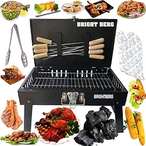 BRIGHTBERG WORLD Spark Chef Heavy Weight (Device) Briefcase & Picnic Metal Grill Charcoal Barbecue for Home with Tong, 8 Skewers, 1 Steel Grill, Glove, Free Charcoal PacketBarbecue