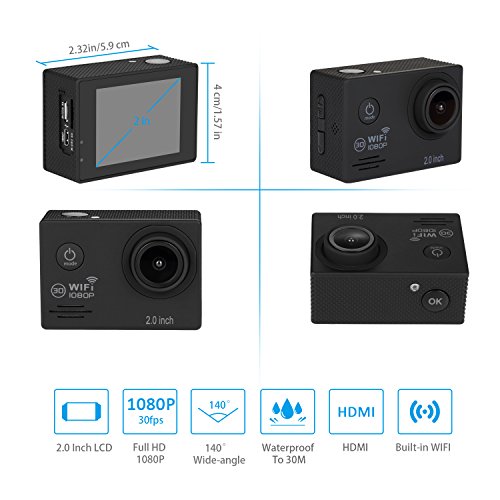NexGadget Action Camera WIFI 12MP 2,0 Zoll, FHD 1080P Sport Action Kamera Cam IP68 Wasserdicht 140 ¡ã Weitwinkel - 3