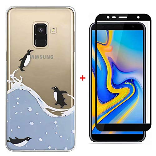Laixin Coque pour Samsung Galaxy J4 Plus 2018 Étui Transparent Silicone Anti Choc Mince Case Housse de Protection + Free [Protecteur d'écran en Verre trempé], Trois Pingouins
