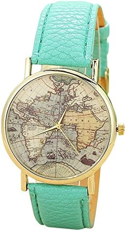 Unisex Quartz Watch with World Map Gold Leather Bracelet Blue