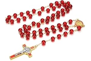 BOBIJOO Jewelry - Grand Chapelet Médaille Saint-Benoît Croix Protection Prière Rouge sang Or