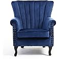 Warmiehomy Armchair Velvet Upholstered Accent Chair Armchair Wing Back Fireside Chair with Solid Wooden Legs for Living Room Bedroom (Dark Blue)