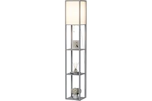 PULUOMIS Floor Lamp with Shelves, 3 Layers Wooden Shelf Standing Light, Modern Reading Lamp for Bedroom, Living Room, Office, Home Decoration (Size:26x 26x 160 cm) (Without Bulb)-Grey