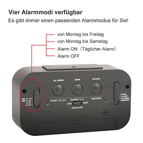 DreamSky Digitalwecker „Dual Alarm“, zwei Weckzeiten, laut, ansteigender Weckton, sensorgesteuerte Nachtlichtfunktion, Schlummerfuntion, Uhrzeit, Datum und Temperaturanzeige, vier Alarmmodi, großes LCD Display, Batteriebetrieb, Schwarz - 4