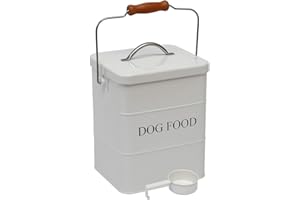 Geyecete - Contenitori per alimenti per animali domestici, in acciaio al carbonio rivestito, con coperchio e cucchiaio,per Cibo per Cani,Capacità 6L-Bianco