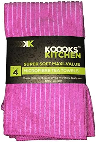 4 Pack Microfibre Koooks Kitchen Tea Towel So Soft Extra Absorbency Max Value - Fuchsia