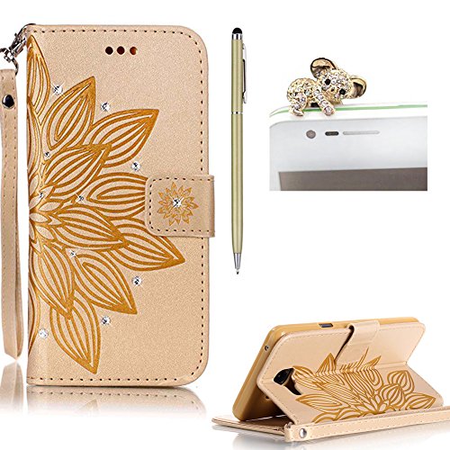 SKYXD für Samsung Galaxy A5 2016 A510F Hülle Leder Lotus Blumen Drucken Muster,Brieftasche Klappbar Glitzer Strass PU Folio Schutzhülle [Kartenfach / Magnet / Standfunktion / Trageschlaufe] Inner Silikon Klapphülle mit [Handyanhänger + Eingabestift] 3 in 1 Zubehör Handy Tasche Etui for Samsung Galaxy A5 2016 A510F Bookstyle Flip Case Leather Cover With [Stylus and Dust Plug]- Gold