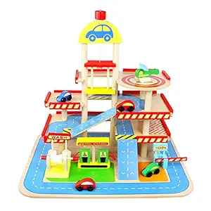 Toyshine Wooden Parking Garage Ramp & Service Station Activity Playset with Elevator