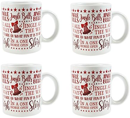 Christmas Mugs Set of 4 Jingle Bells Design Xmas Mugs Home Kitchen Tea Coffee Cups Christmas Tableware Xmas Decorations Mug Set Office Tea Cups Stoneware Mugs Festive Mugs