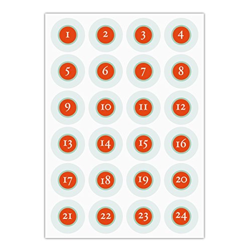 Download 5 x 24 classiques autocollants du calendrier de l'Avent avec les nombres 1 - 24 simple, turquoise, MAT étiquette adhésive en papier, labels, vignettes, stickers pour faire des calendriers de l'Avent, décorer des cadeaux de Noel, décoration du table, des paquets, lettres etc. (ø 45mm; 5 x 24 nombres)