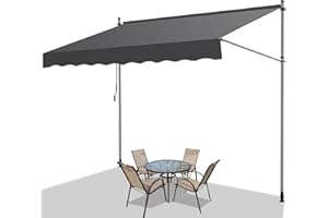 Fiqops Klemmmarkise Grau 350x120x 200-300cm, Balkonmarkise Sonnenschutz Markise Handkurbel ohne Bohren, UV-beständig, 100% Polyester, Höhenverstellbar